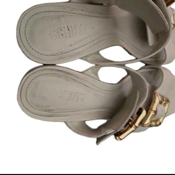 Schutz Womens Ivory Enola Mid Block Sandal With Gold Buckle 10 - Picture 11 of 14